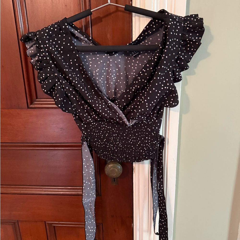 SHEIN Black and White Ruffle Wrap Blouse